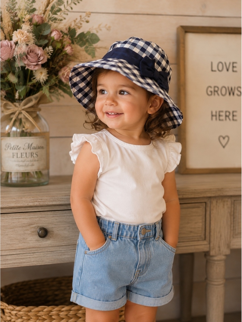 Janie and Jack Toddler Girl's Navy and White Gingham Sun Hat with Bow, Size 2T-3
